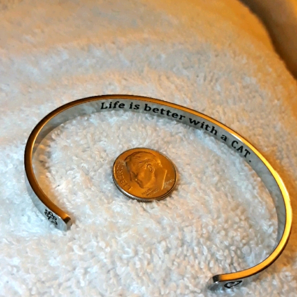 NWOT Stainless cuff bracelet life with cat message